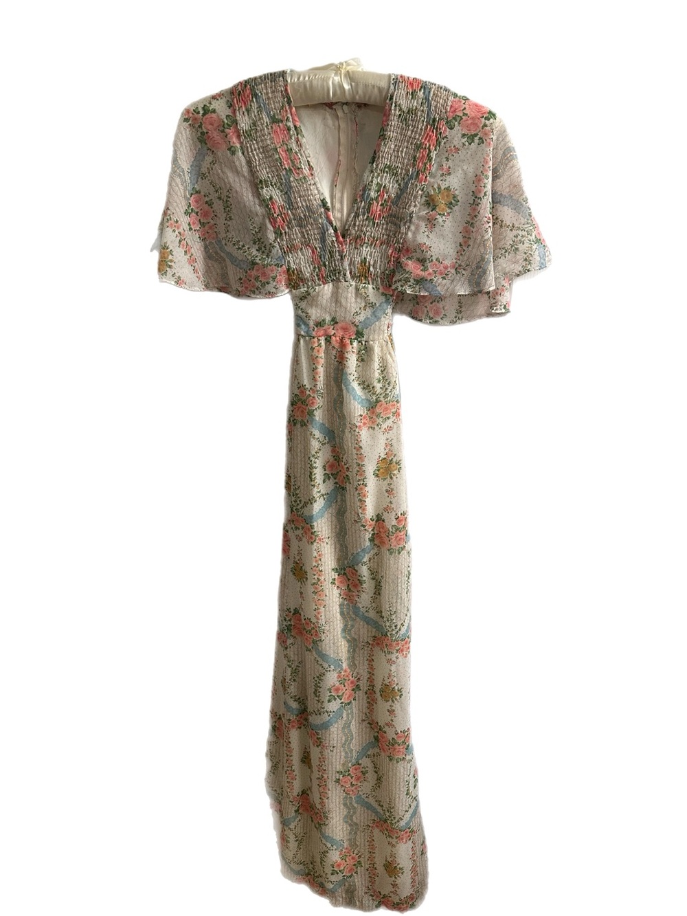 Vintage 1970’s Floral Cream Maxi Dress with Flutter Sleeves XS